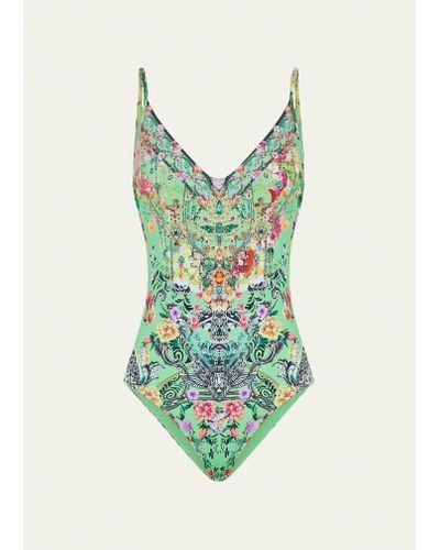 Camilla Porcelain Dream Crystal Wired V-neck One-piece Swimsuit - Green