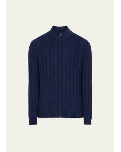 Bergdorf Goodman Cashmere Cable Zip Cardigan Sweater - Blue