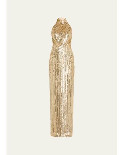 Pamella Roland Sequined Halter Backless Column Gown - Natural