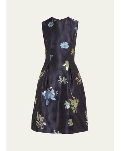 Lela Rose Betsy Metallic Floral Gingham Jacquard Sleeveless Dress - Blue