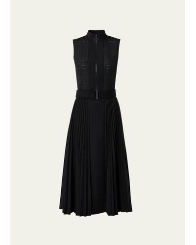 Akris Punto Pin-dot Midi Dress With Sunray Plissee Pleated Skirt - Black