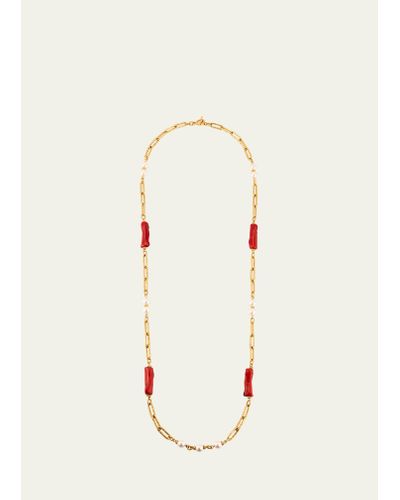 Ben-Amun Long Chain Necklace With Coral Stones And Pearly Beads - Natural