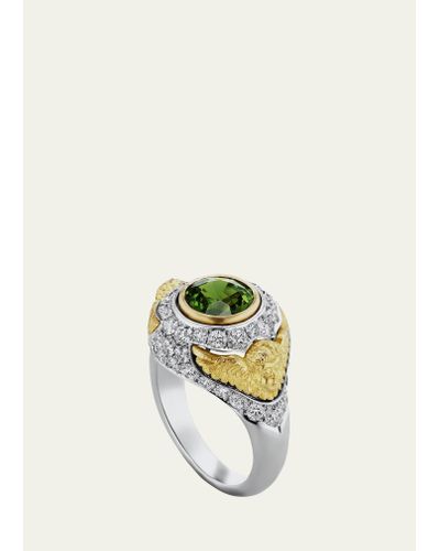 Anthony Lent Green Sapphire Pavé Putti Ring With Diamonds - White