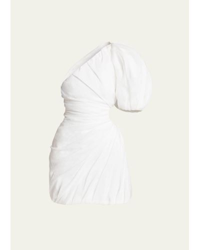 Chloé Asymmetric Draped Ramie Voile Mini Dress With Maxi Balloon Sleeve - Natural
