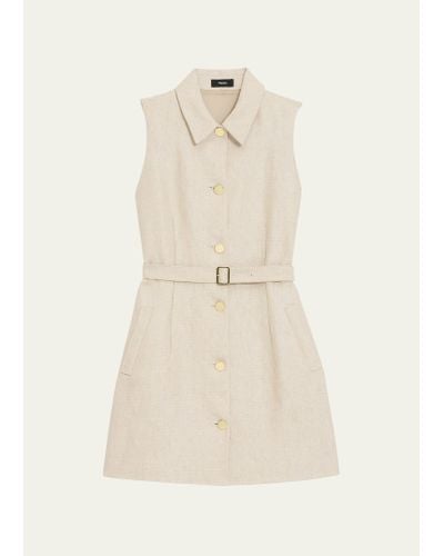 Theory Sleeveless Belted Linen Military Mini Dress - Natural