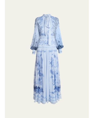Erdem Printed Scarf-neck Silk Gown - Blue
