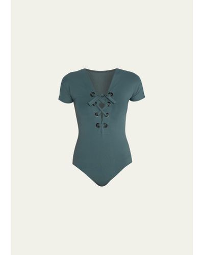 Eres Melie Lace-up Short-sleeve One-piece Swimsuit - Blue