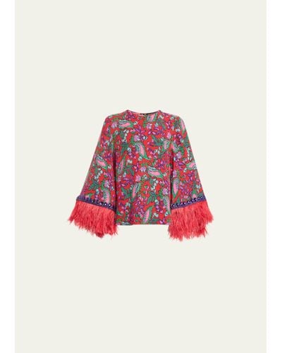 Andrew Gn Floral-print Feather Crystal-trim Sleeve Silk Top - Red