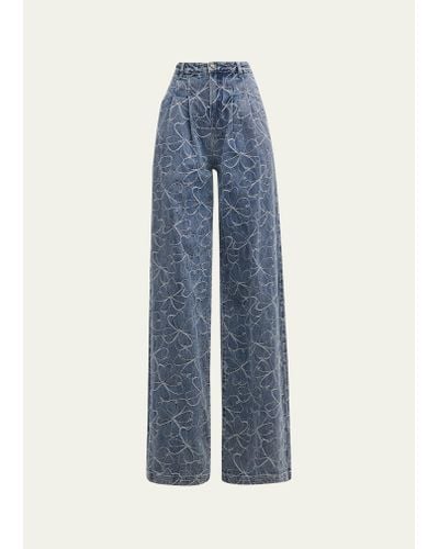 Ramy Brook Adley High-rise Wide-leg Floral-embroidered Jeans - Blue