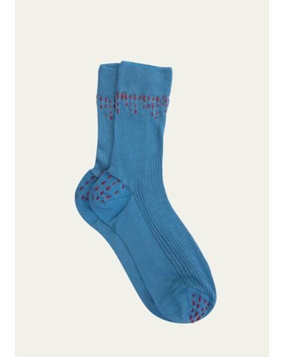 Maria La Rosa Ribbed Embroidered Silk Crew Socks - Blue