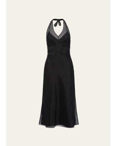 Prada Embroidered Halter Organza Midi Dress - Black