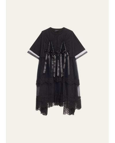 Simone Rocha Net Overlay Asymmetric Midi Dress With Ruched Bows - Black