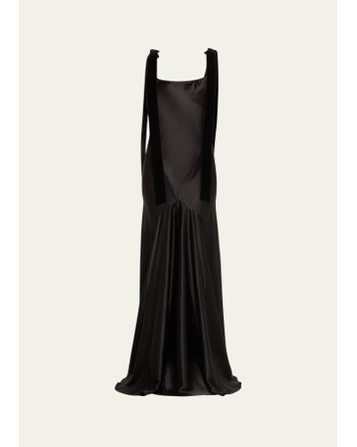 Nina Ricci Velvet Shoulder Strap Satin Gown - Black