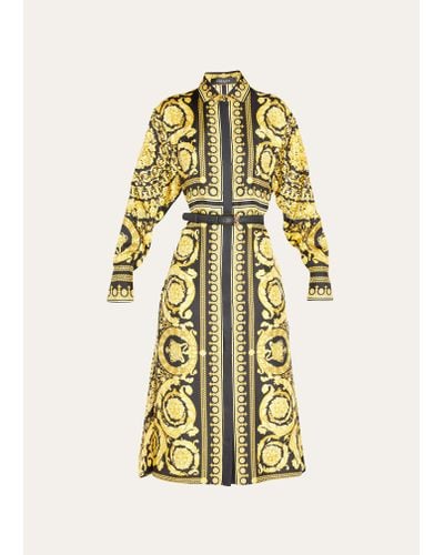 Versace Baroque Heritage-print Silk Twill Midi Shirtdress - Yellow