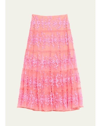 Bronx and Banco Megan Tiered Floral Applique Lace Midi Skirt - Pink