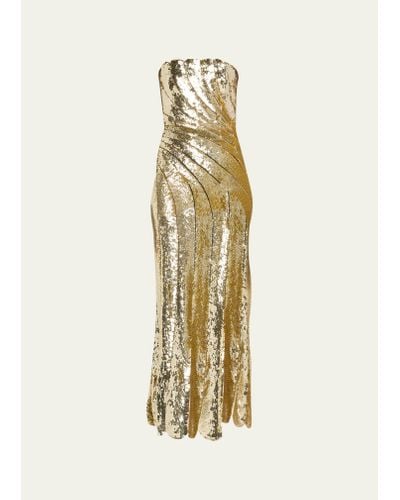 Oscar de la Renta Strapless Sequined Wave Scallop Dress - Metallic