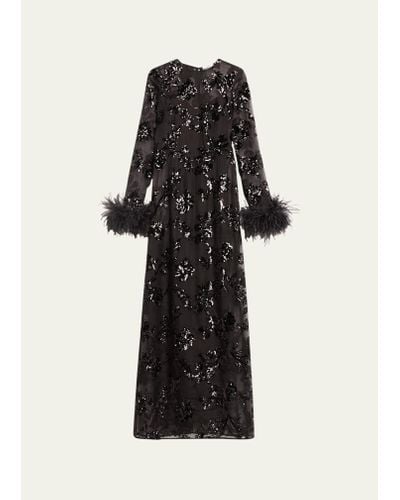 Erdem Sequin Waisted Column Gown With Feather Cuffs - Black