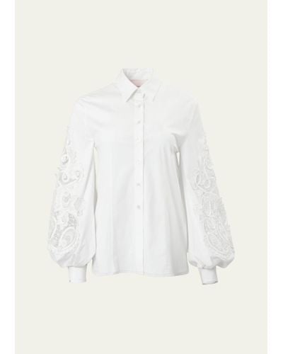 Carolina Herrera Embroidered Puff-sleeve Button-front Blouse - Natural