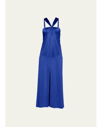 Giorgio Armani Pleated Halter Slit-hem Silk Gown - Blue
