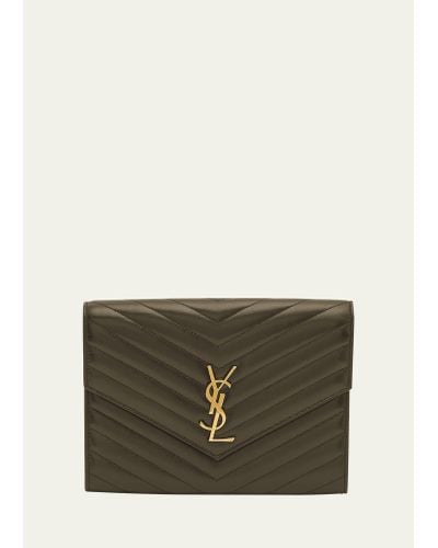Saint Laurent Ysl Monogram Flap Clutch Bag In Smooth Leather - Green