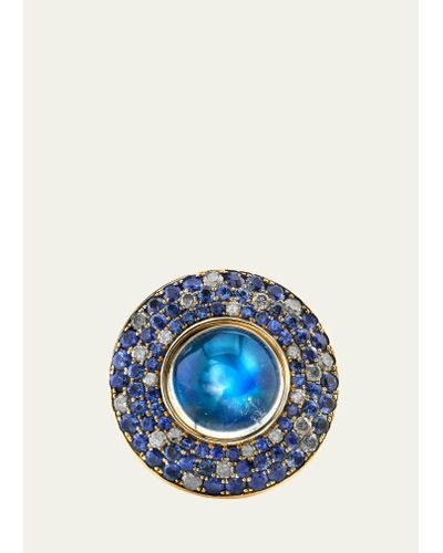 VRAM One Of A Kind Ufo 18k Yellow Gold Moonstone Ring With Sapphire And Diamonds - Blue