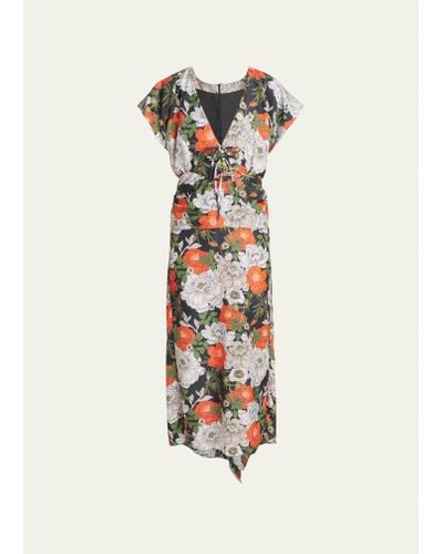 MERYLL ROGGE Floral-print Summer Midi Dress With Back Drape - White