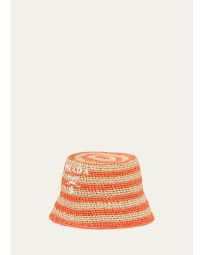 Prada Logo Striped Raffia Bucket Hat - Orange