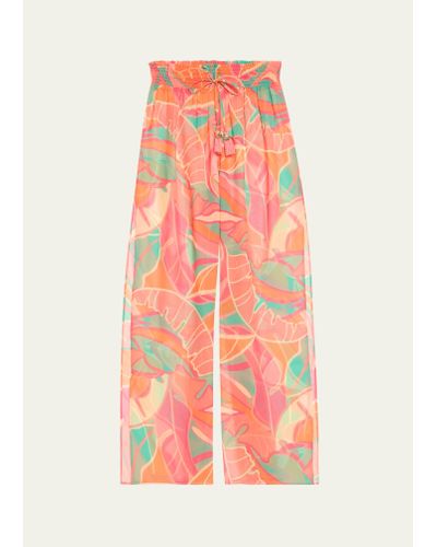 Ramy Brook Haley Exotic Tropical Semi-sheer Wide-leg Pants - Pink