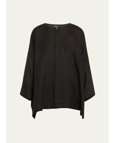 Eskandar Wide Longer-back Bound Neck Linen Shirt (long Length) - Black