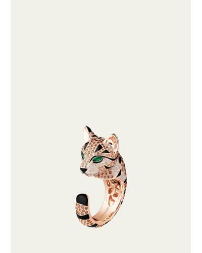 Boucheron Pink Gold Fuzzy The Leopard Cat Ring With Diamonds And Emeralds - Natural