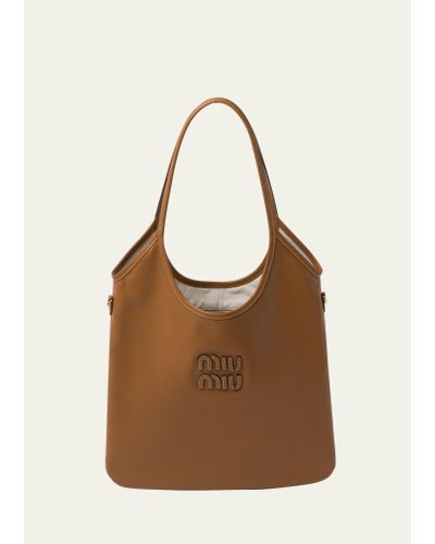 Miu Miu Logo Leather Tote Bag - Brown