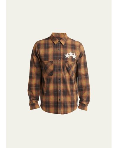 Amiri Plaid Cotton Flannel Star Applique Shirt - Brown