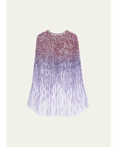 Pamella Roland Sequined Tulle Fingertip Cape With Oversized Crystals - Purple