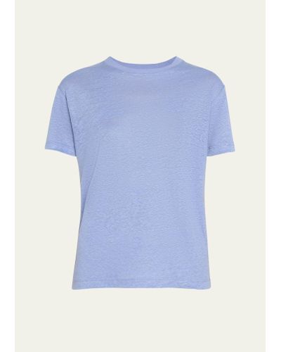 Vince Drop-shoulder Linen Crewneck Short-sleeve T-shirt - Blue