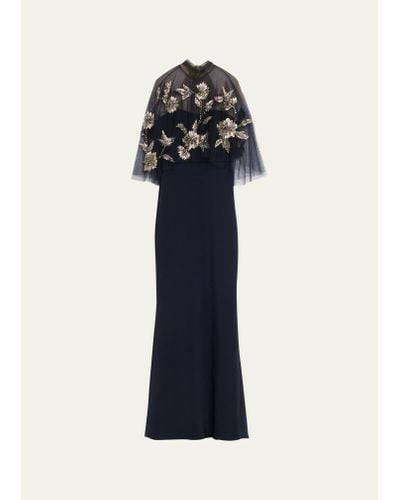 Marchesa Strapless Crepe Gown With Embellished Capelet - Blue