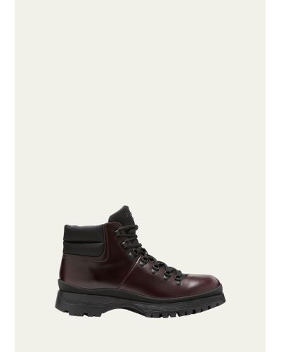 Prada Brucciato Leather Lace-Up Hiking Boots - Brown