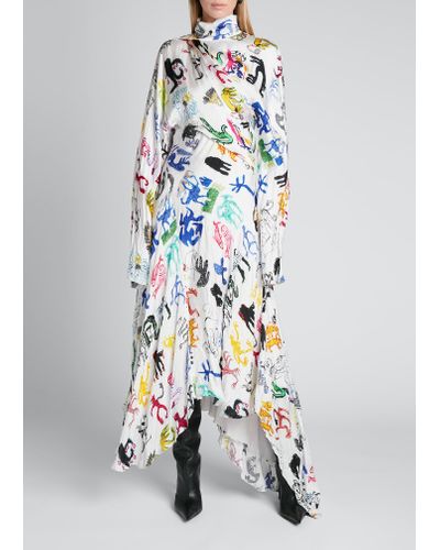 Balenciaga Doodle-print Twisted Drape Midi Dress - White