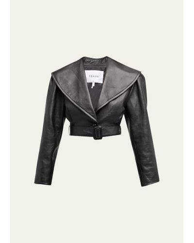 FRAME Belted Crop Leather Jacket - Black