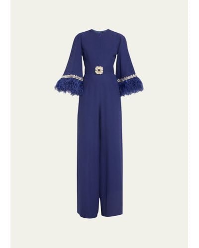 Andrew Gn Crystal Belted Feather Trimmed Wide Leg Jumpsuit - Blue