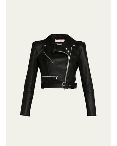 Alexander McQueen Cropped Leather Biker Jacket - Black