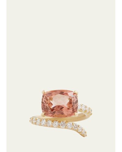 Jamie Wolf 18k Yellow Gold Script Ring With Cushion Cut Peach Tourmaline And Diamonds - Natural