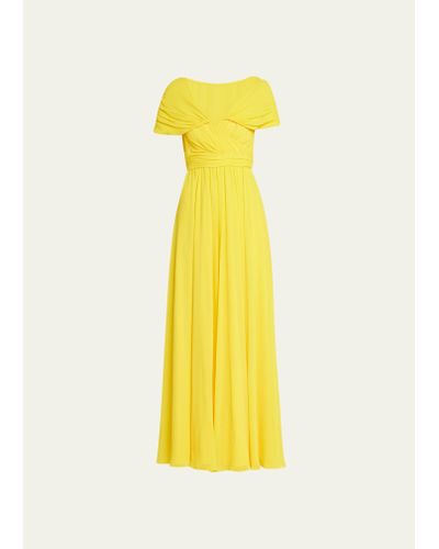 Badgley Mischka Ruched V-neck Empire Gown - Yellow