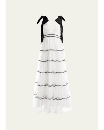 Alice + Olivia Jessalynn Bow Strap Tiered Maxi Gown - Natural