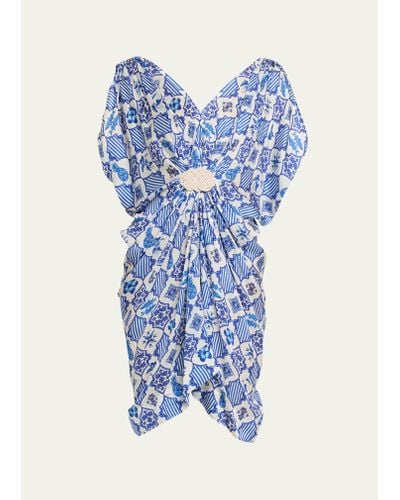 VERANDAH Azulejos-print Draped Kaftan Mini Dress - Blue