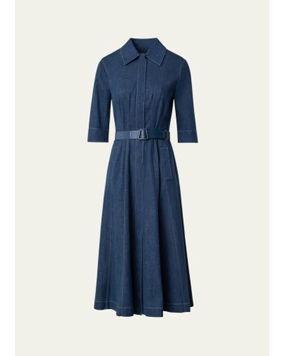Akris Belted Cotton Denim Midi Dress With Contrast Stitching - Blue