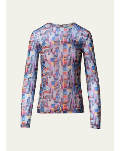 Akris Punto Tulle Nyc Paper Collage Print Top - Blue