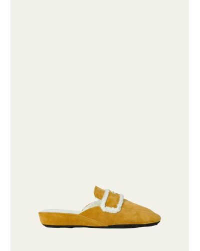 Jacques Levine Suede Faux Shearling Ornament Slipper - Yellow