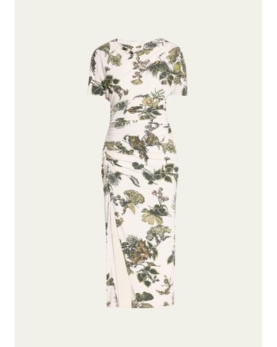 Jason Wu Floral Ruched Jersey Midi Dress With High Slit - White
