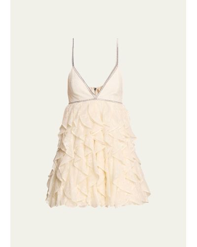 Alice + Olivia Wilmarie Embellished Lace Ruffle Mini Gown - Natural
