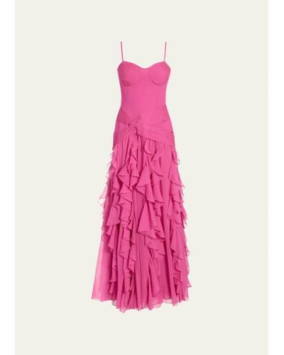 PATBO Bustier Ruffle Chiffon Maxi Dress - Pink